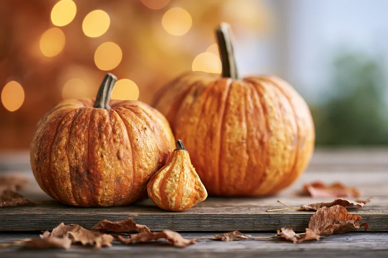 Three pumpkins of different sizes arranged on a wooden table with dried leaves and warm bokeh lights in the background