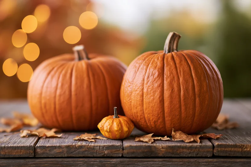 Two orange pumpkins and a small decorative gourd arranged on a rustic wooden table with scattered dried leaves and warm bokeh lights in the background