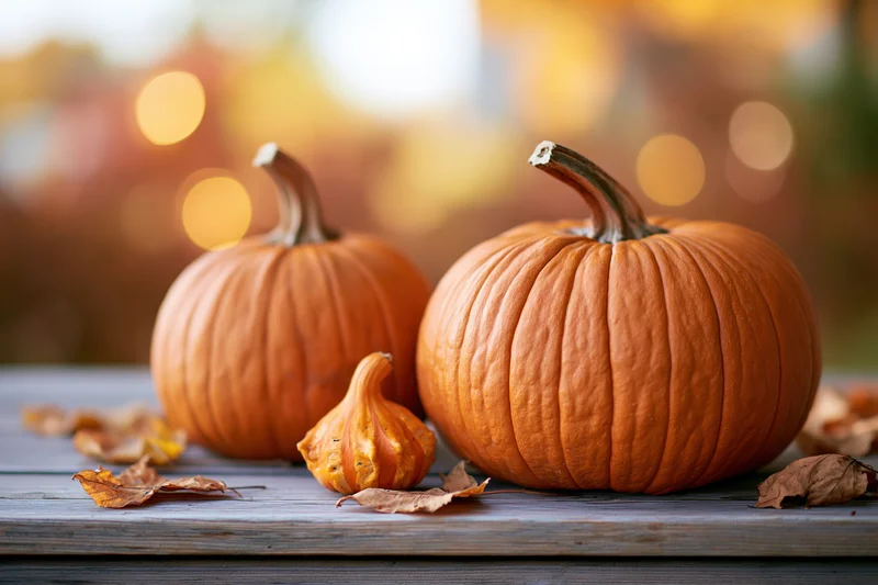 Two orange pumpkins and a small gourd arranged on a wooden table with dried leaves and warm bokeh lights in the background