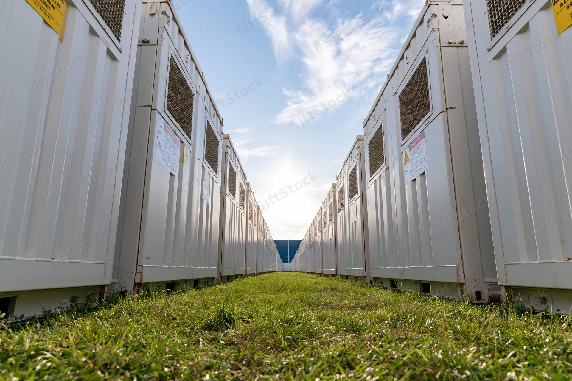 Parallel rows of white industrial battery energy storage containers on grass under blue sky