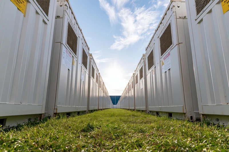 Parallel rows of white industrial battery energy storage containers on grass under blue sky