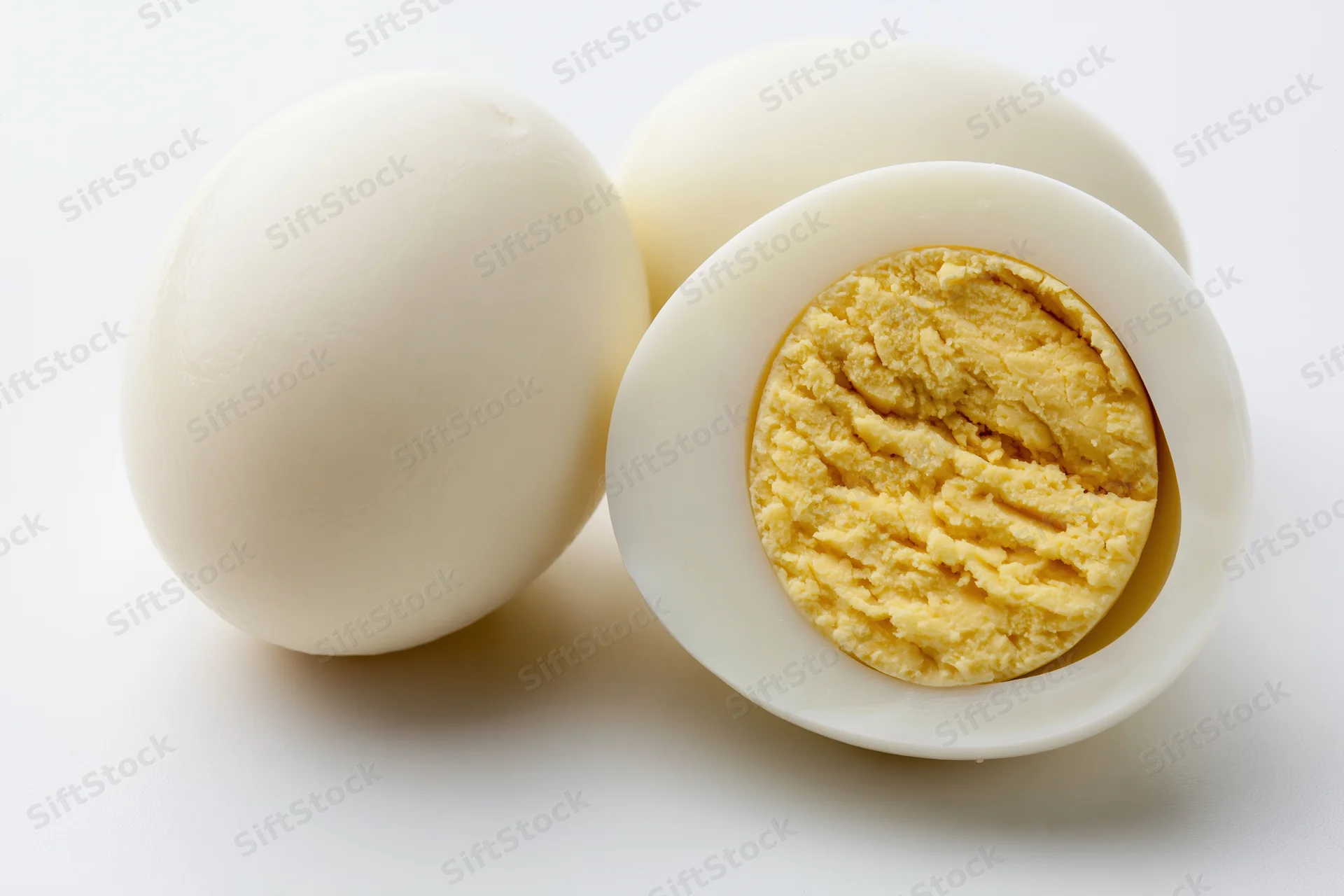 Two peeled hard-boiled eggs beside a halved egg showing the yolk on a white surface