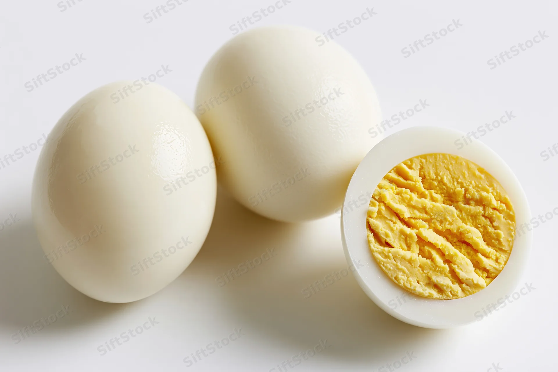 Two peeled hard-boiled eggs beside a halved egg showing the yolk on a white surface
