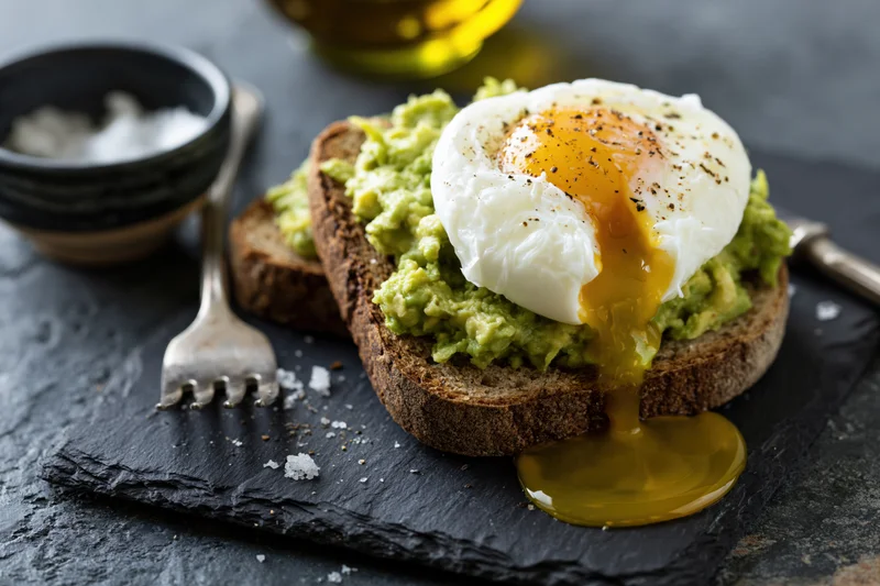 Poached egg with runny yolk on avocado toast served on slate with salt and pepper nearby