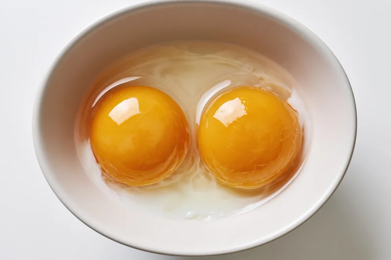 Two raw cracked eggs with bright orange-yellow yolks in a white bowl