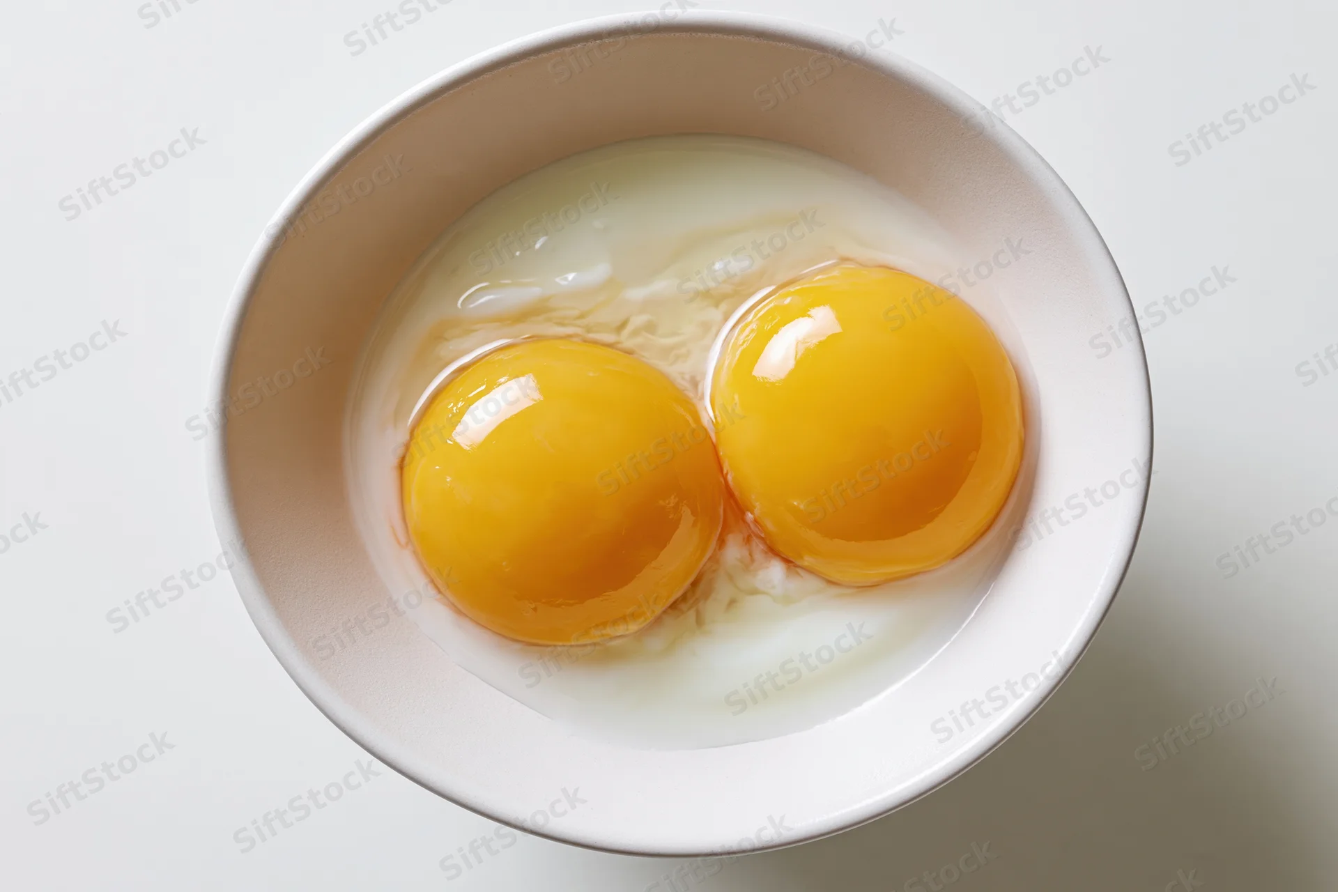 Two raw cracked eggs with bright orange-yellow yolks in a white ceramic bowl, viewed from above on a plain surface