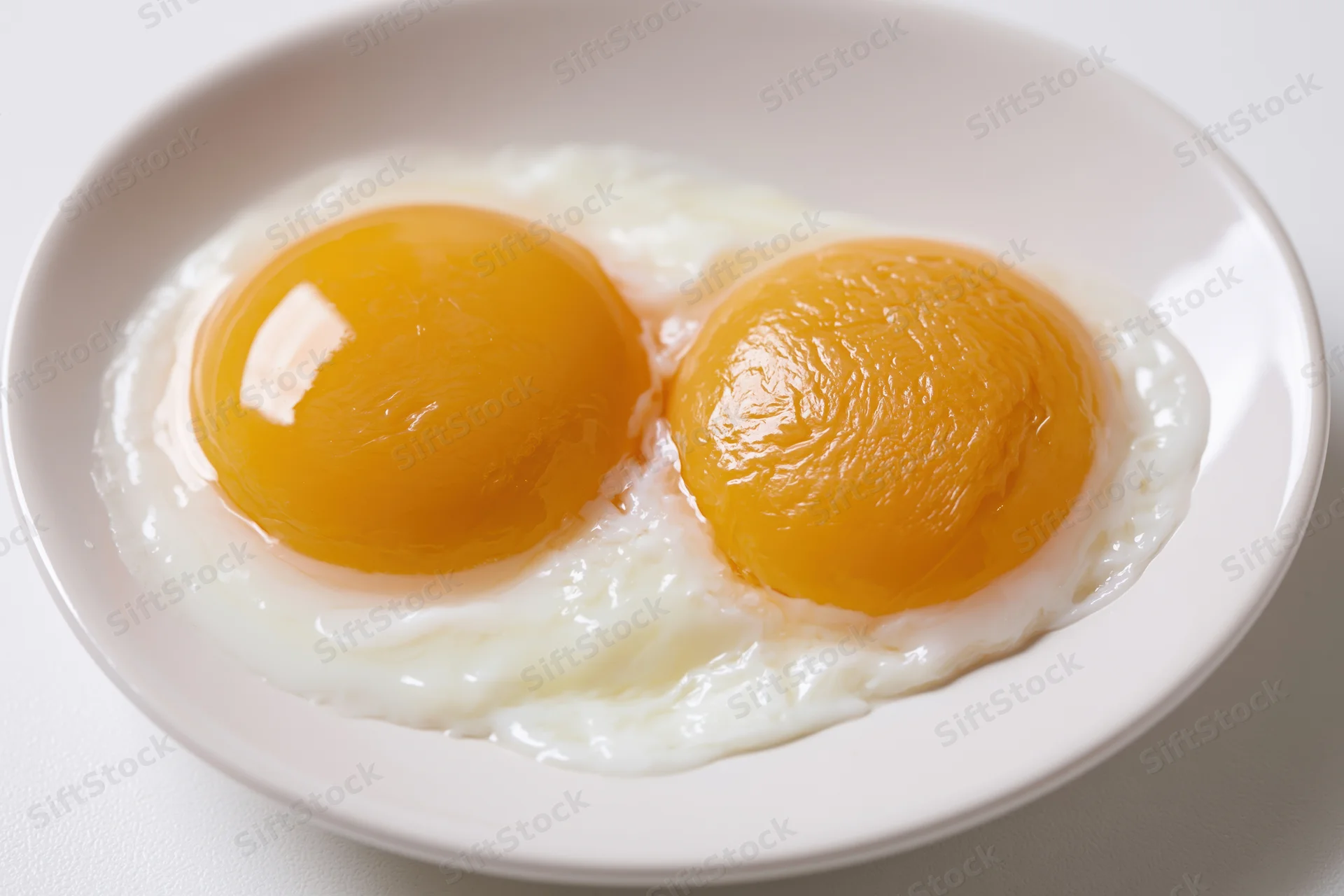 Two raw double yolks cracked onto a plain white ceramic plate