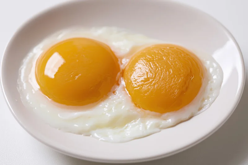 Two raw double yolks cracked onto a plain white ceramic plate