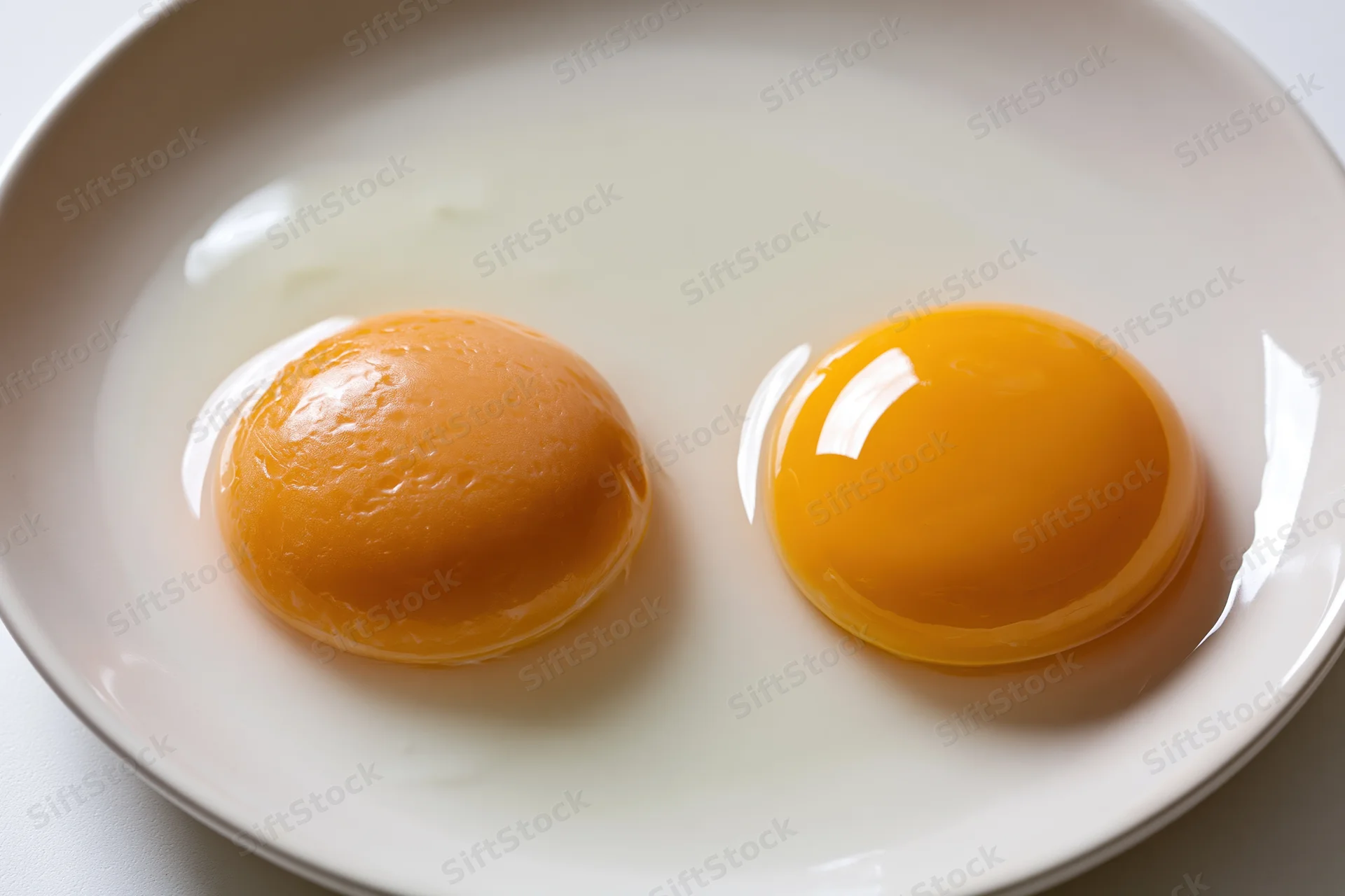 Two raw double egg yolks cracked onto a plain white ceramic plate