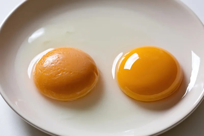 Two raw double egg yolks cracked onto a plain white ceramic plate