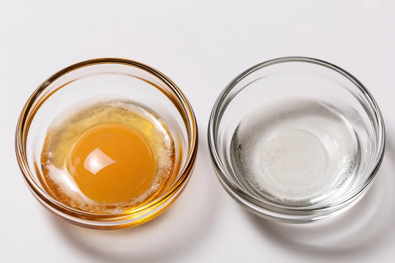 Two small clear glass bowls side by side on white surface, one containing raw egg with yolk and white, the other empty, arranged for food preparation
