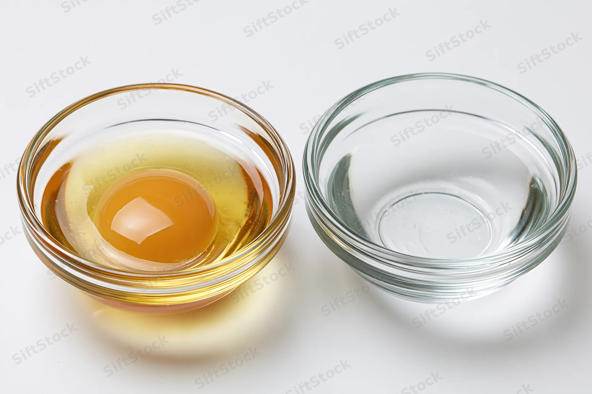 Raw egg in a small clear glass bowl beside an empty one on a white surface