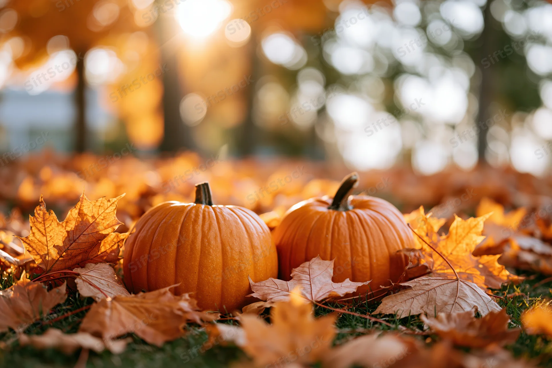 Two small orange pumpkins resting among scattered fallen maple leaves on grass in autumn sunlight