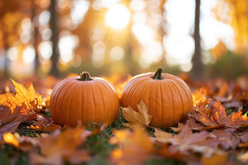 Two small orange pumpkins resting among scattered fallen maple leaves in a sunlit autumn field