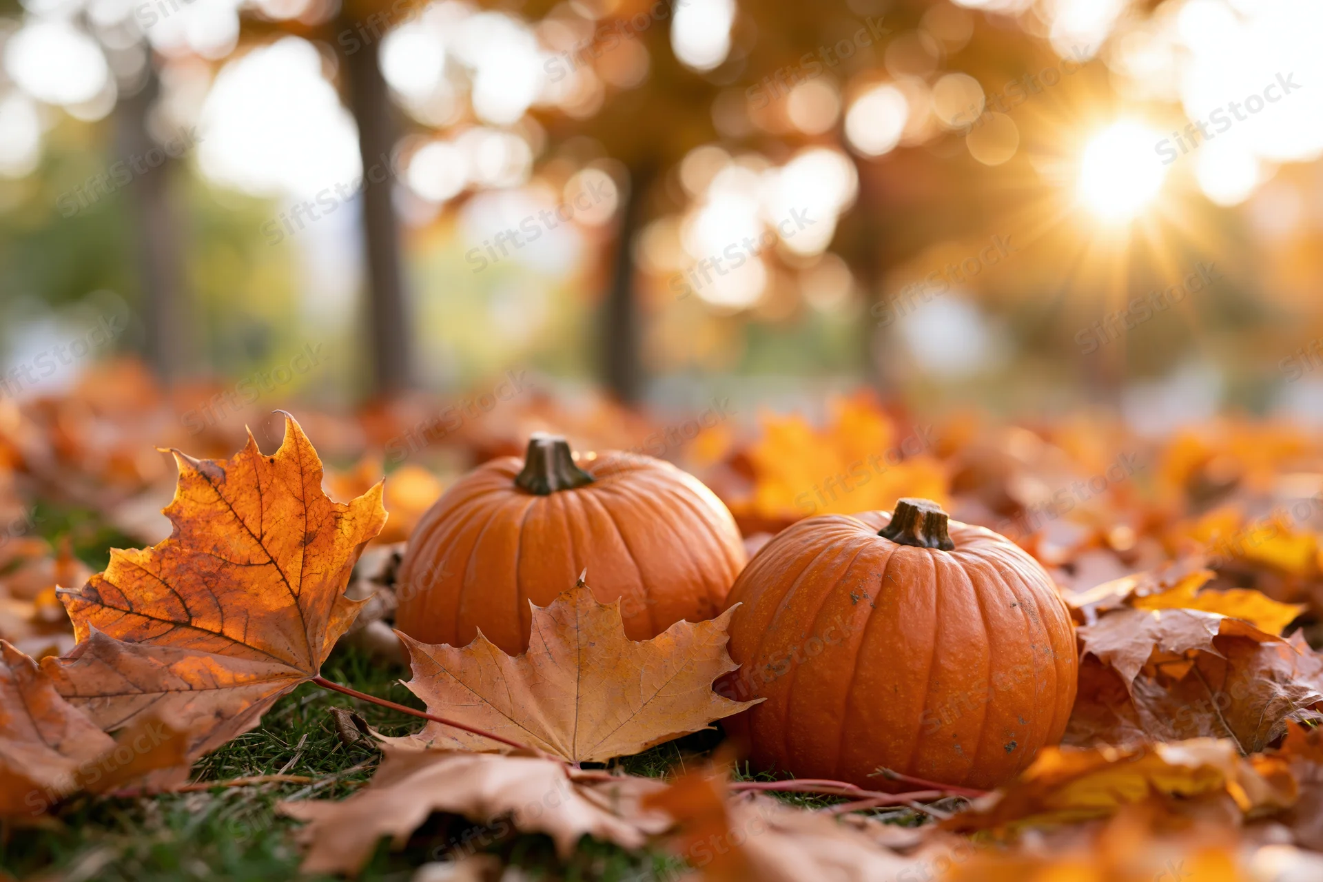 Two small orange pumpkins resting among scattered fallen maple leaves on grass in autumn sunlight
