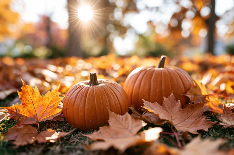 Two small orange pumpkins resting among scattered fallen maple leaves on grass under sunlight