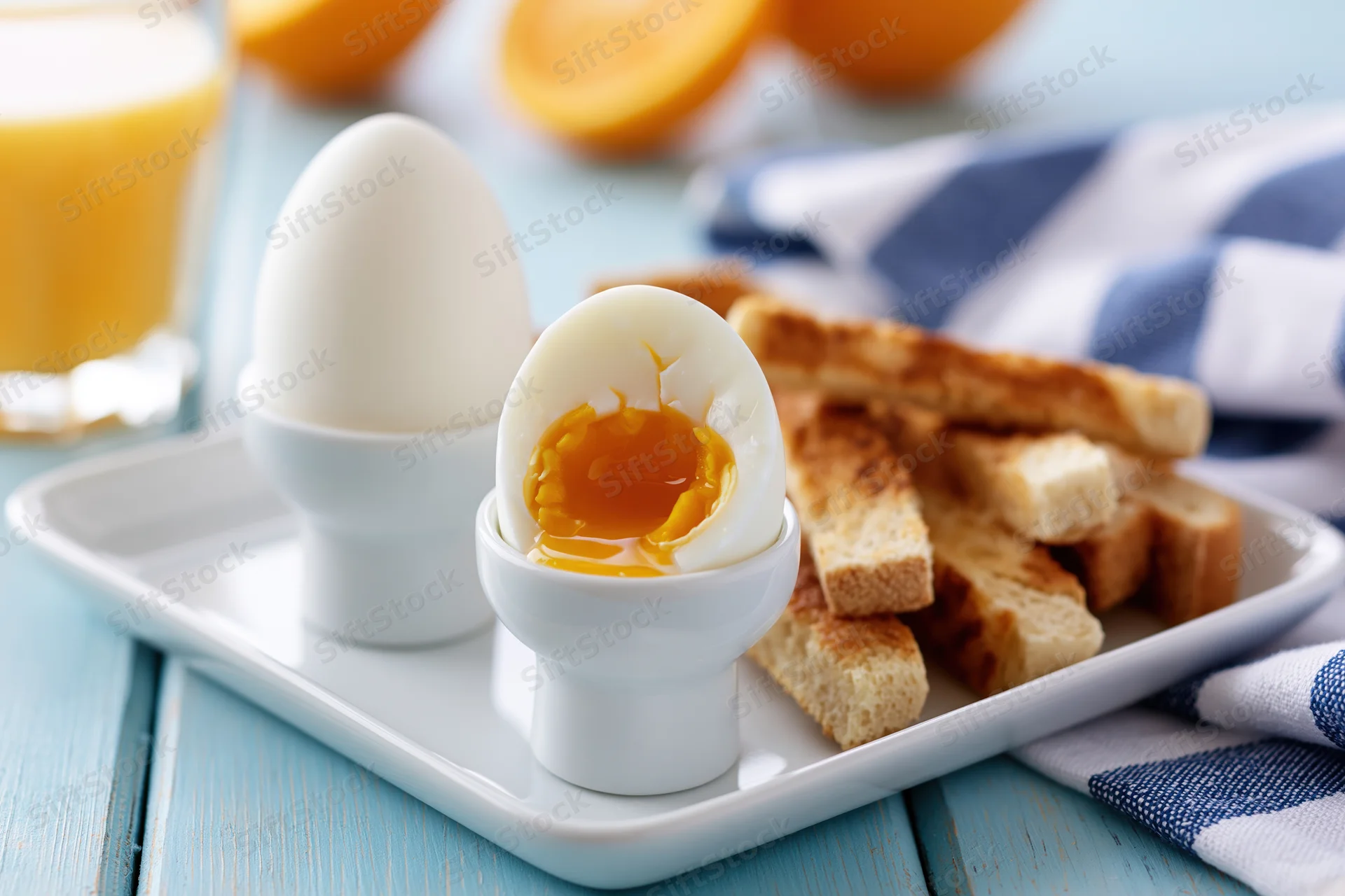 Two soft-boiled eggs in white ceramic egg cups on a white tray with toast and orange juice on a blue wooden table