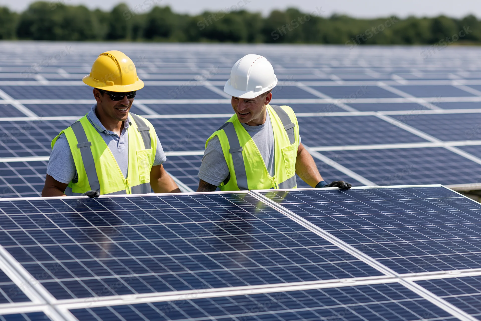 Two solar technicians in high-visibility vests and hard hats inspecting solar panels in a field