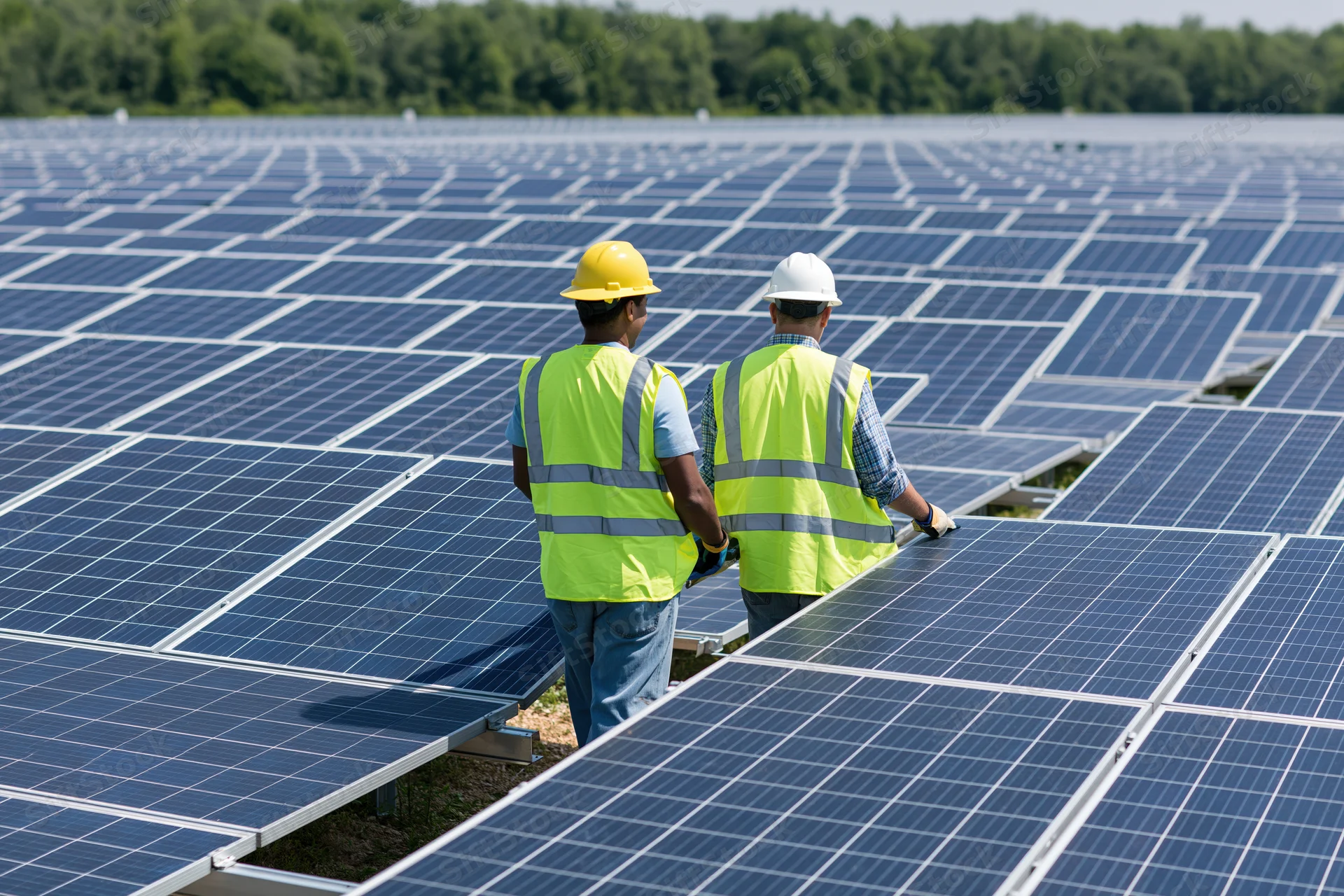 Two solar technicians in high-visibility vests and hard hats inspecting solar panels in a large outdoor field