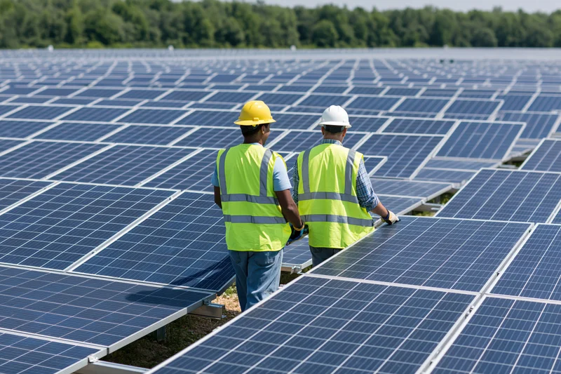 Two solar technicians in high-visibility vests and hard hats inspecting solar panels in a large outdoor field