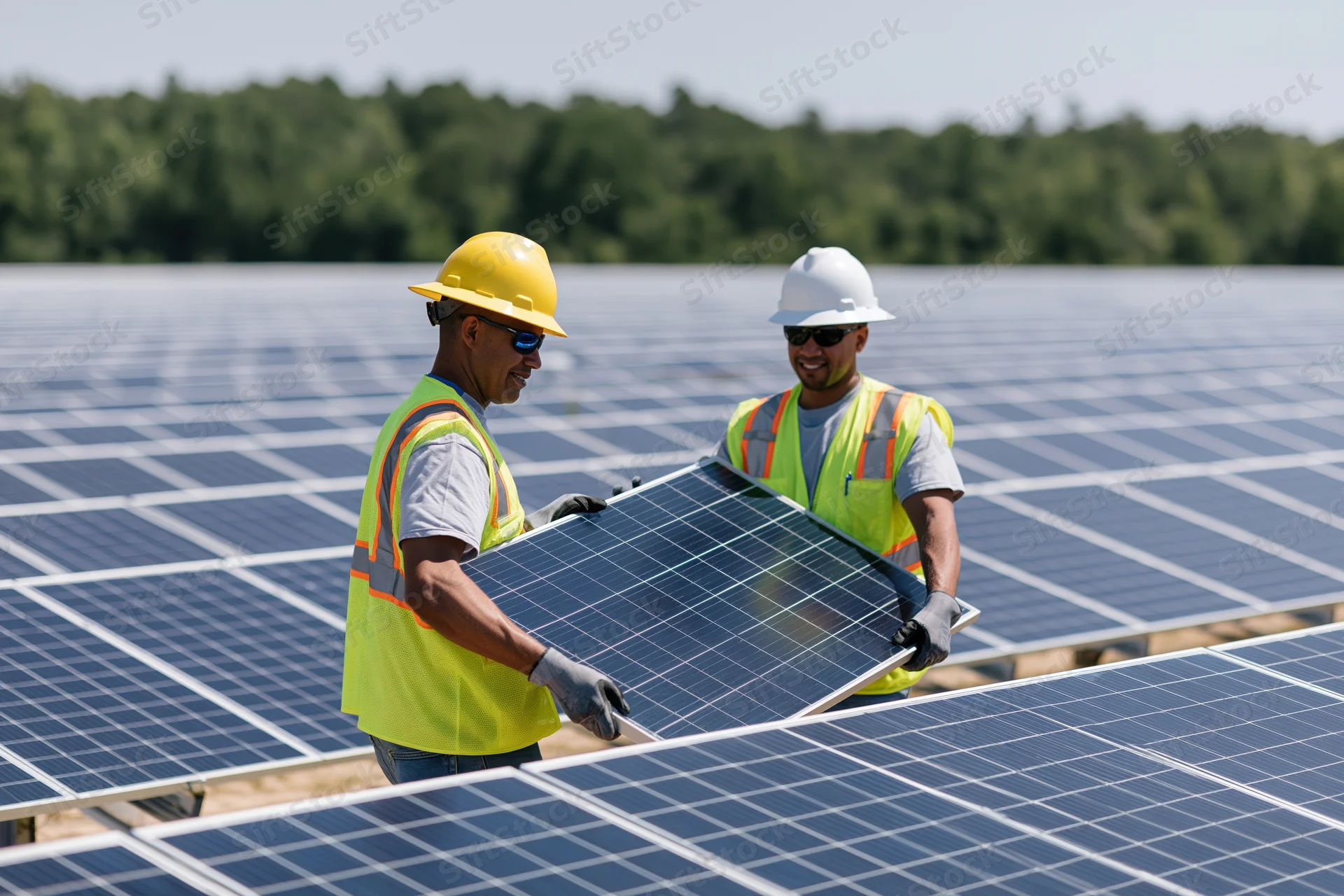 Two solar technicians carrying a photovoltaic panel in a solar farm field