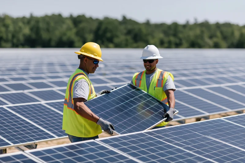Two solar technicians carrying a photovoltaic panel in a solar farm field