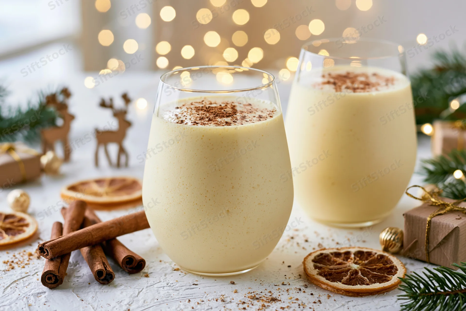 Two stemless glasses of creamy pale yellow eggnog dusted with cinnamon on a festive holiday table with pine, gifts, and bokeh lights in the background