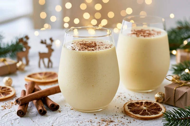 Two stemless glasses of creamy pale yellow eggnog dusted with cinnamon on a festive holiday table with pine, gifts, and bokeh lights in the background