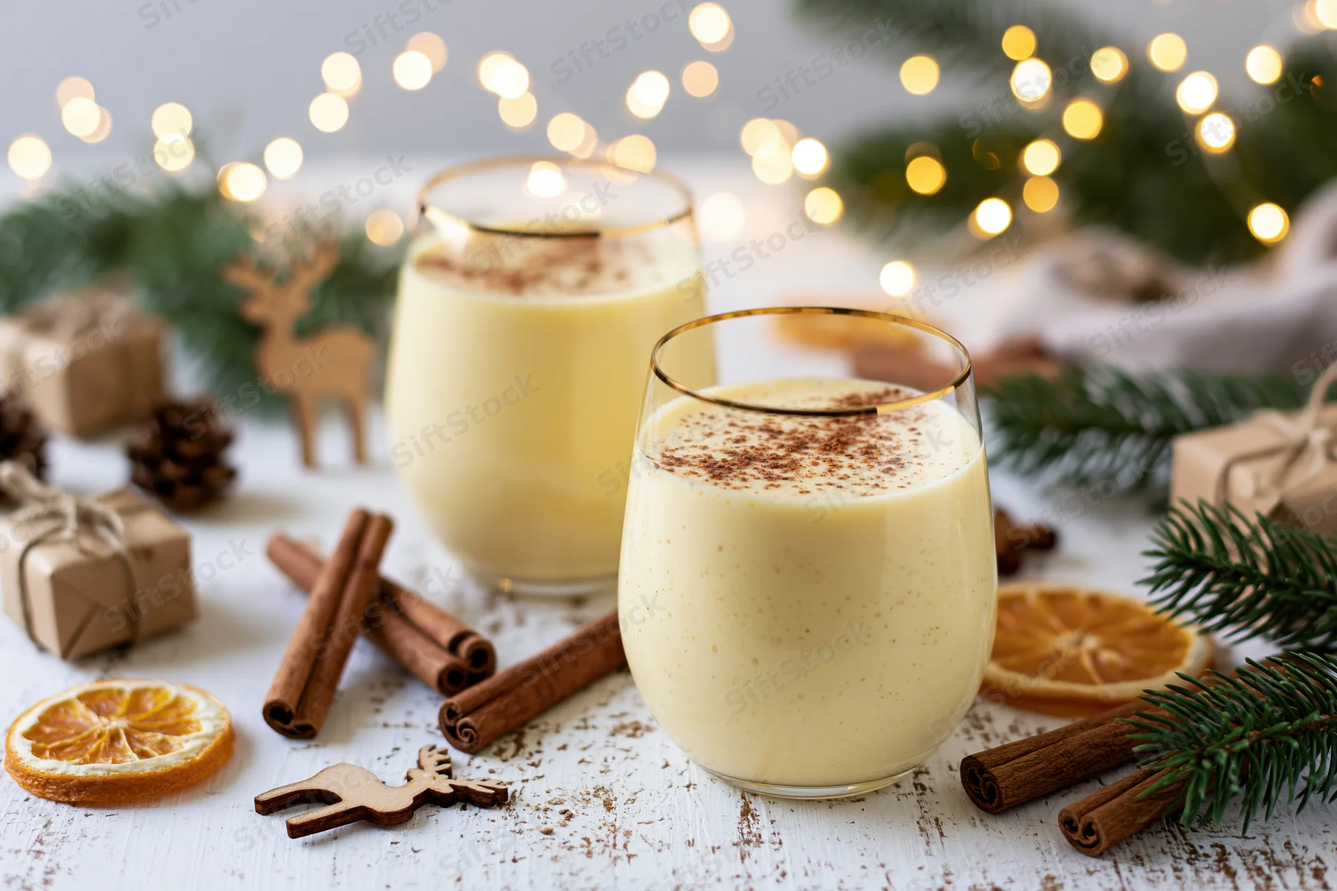 Two stemless glasses of creamy pale yellow eggnog dusted with cinnamon on a white rustic table surrounded by holiday decorations