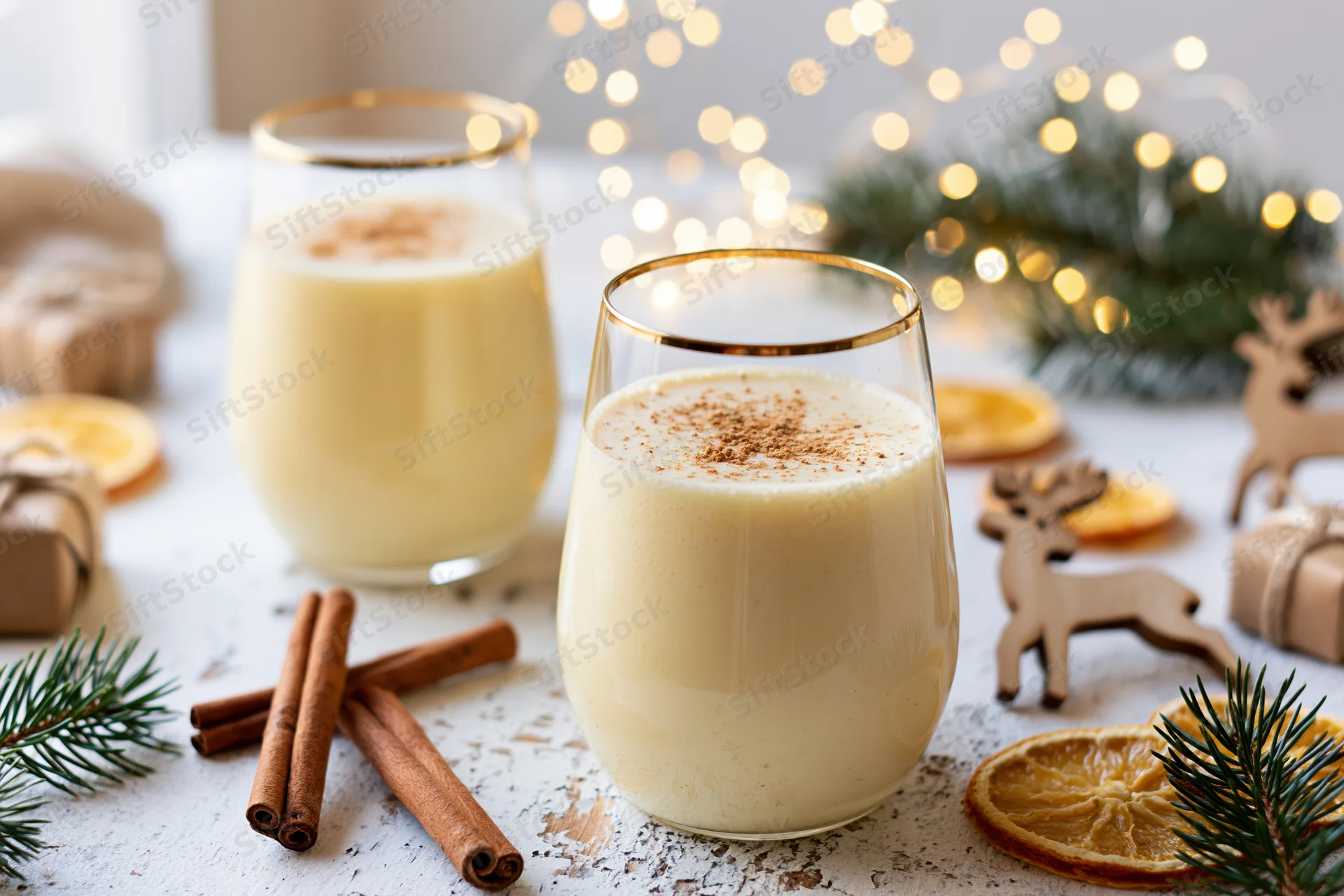 Two stemless glasses of creamy pale yellow eggnog dusted with cinnamon on a festive table with holiday decorations and bokeh lights in the background