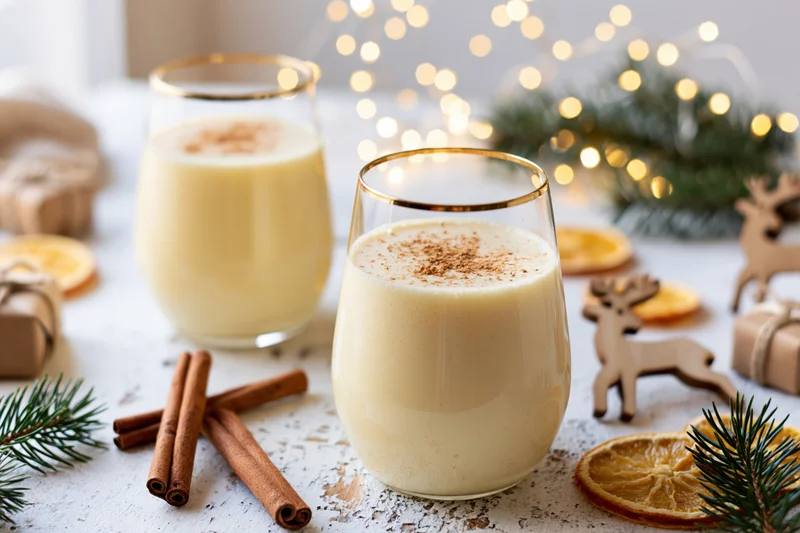 Two stemless glasses of creamy pale yellow eggnog dusted with cinnamon on a festive table with holiday decorations and bokeh lights in the background