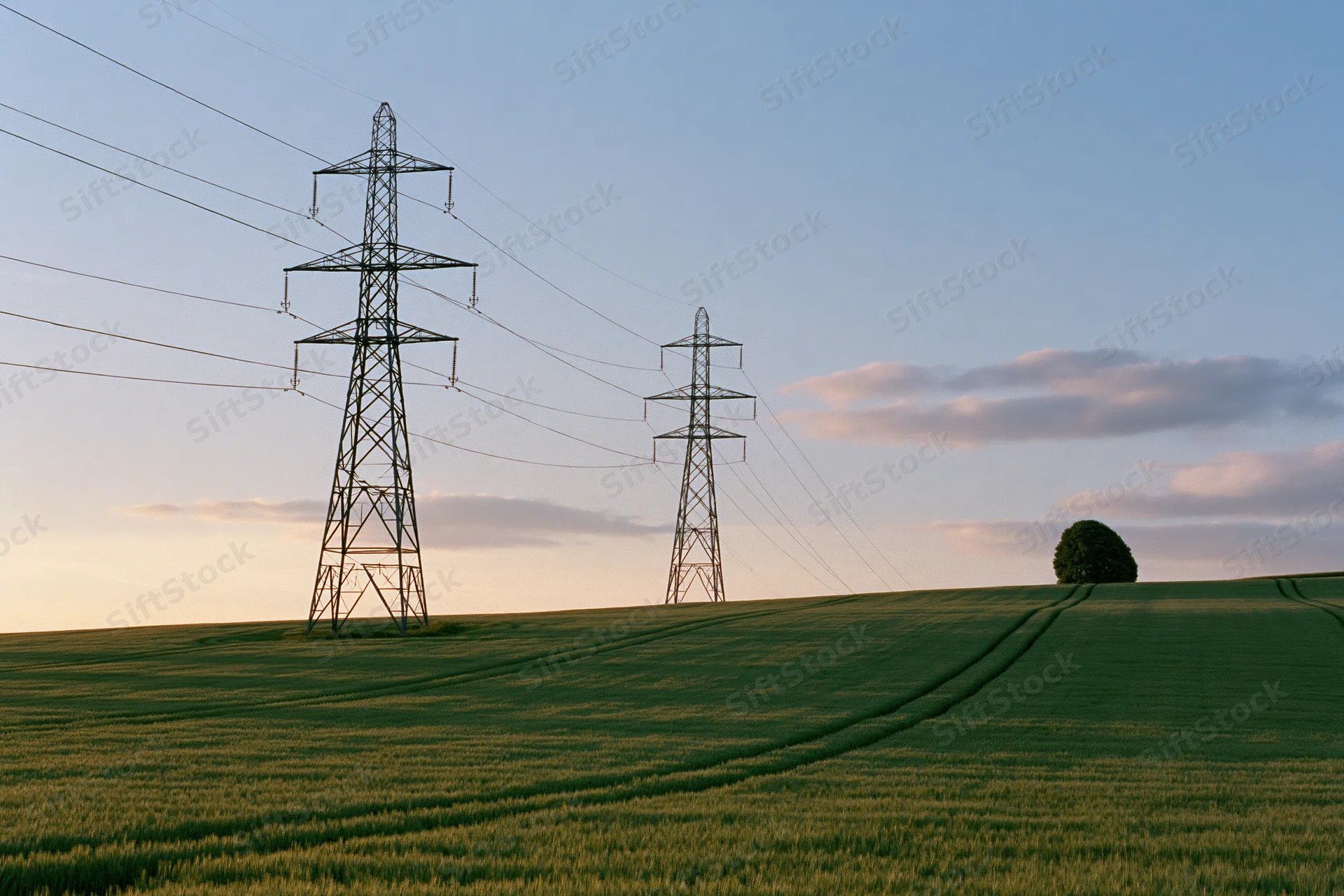 Two steel electricity transmission pylons rising above a green field at sunset