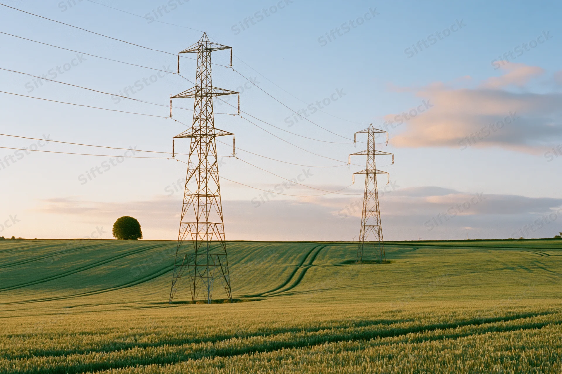 Two steel electricity transmission pylons standing in a green agricultural field at sunset