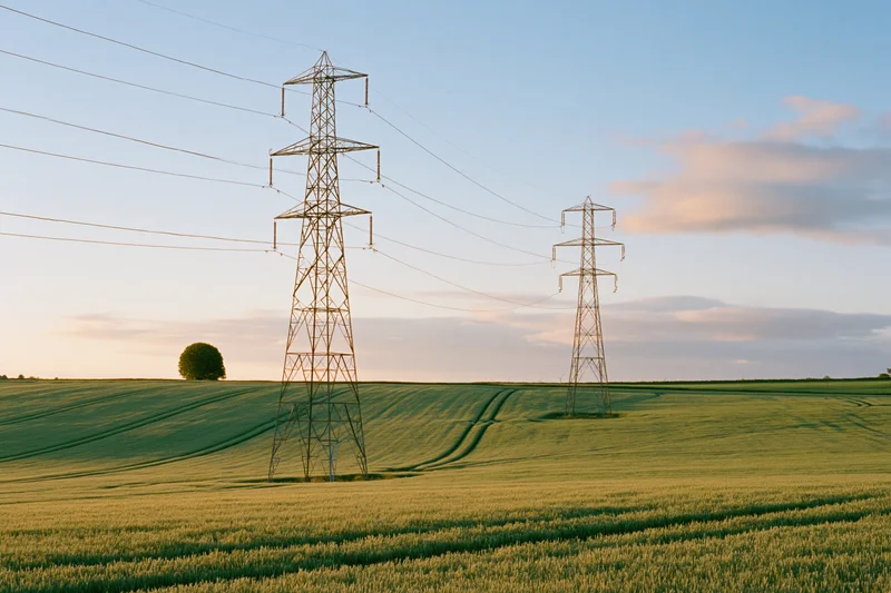 Two steel electricity transmission pylons standing in a green agricultural field at sunset