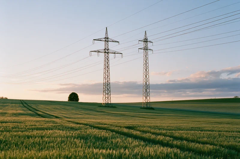 Two tall steel electricity transmission pylons rising above a green wheat field at sunset