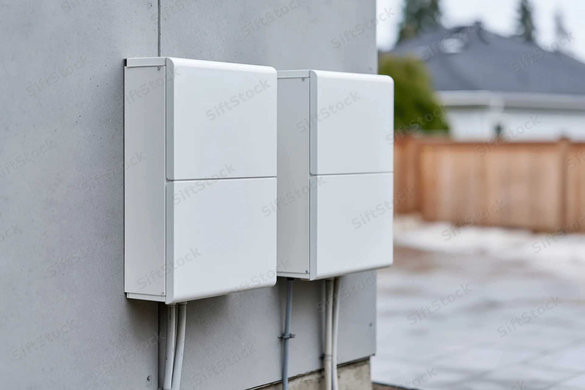 Two white residential battery energy storage units mounted on a gray exterior wall outdoors