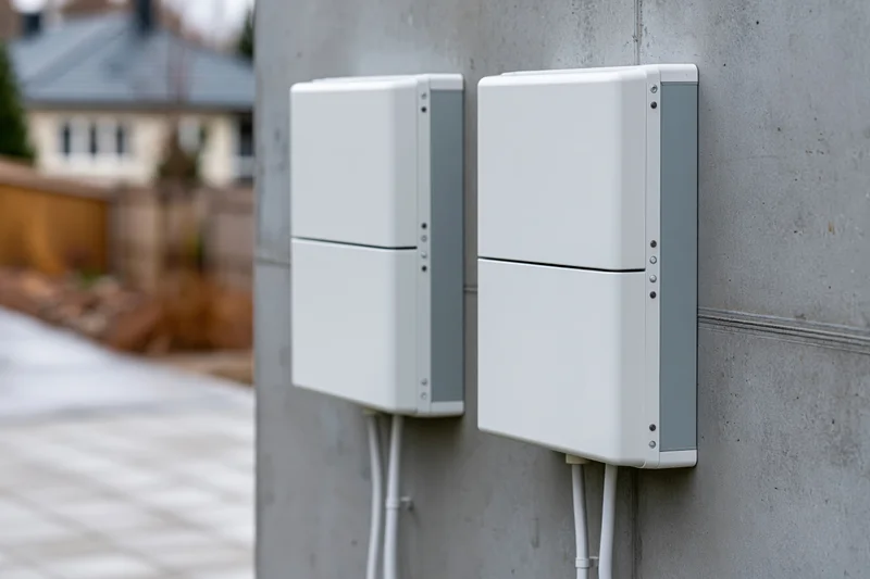 Two white residential battery energy storage units mounted on a concrete wall outdoors