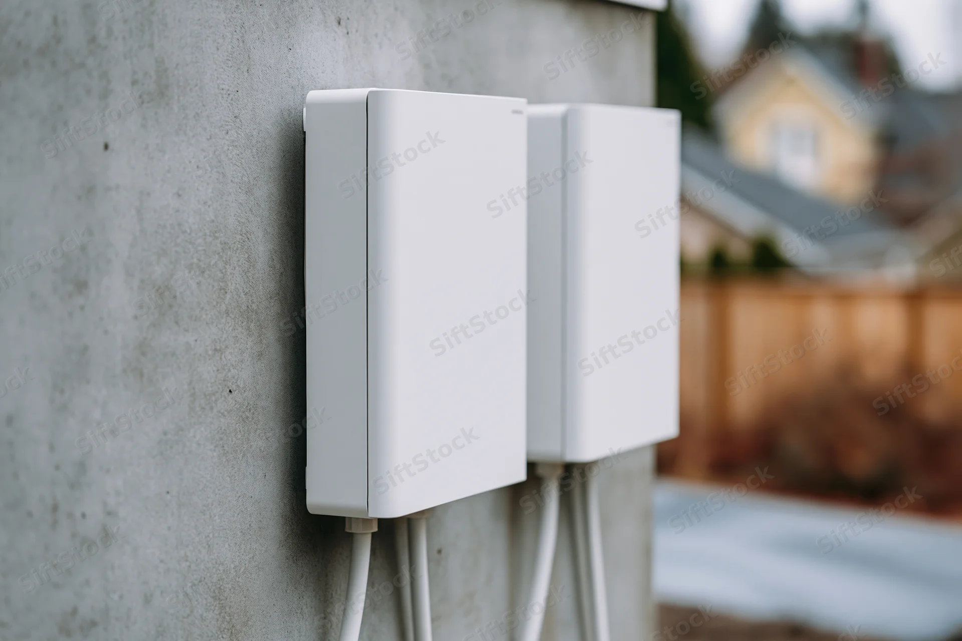 Two white residential battery energy storage units mounted on a concrete wall outdoors