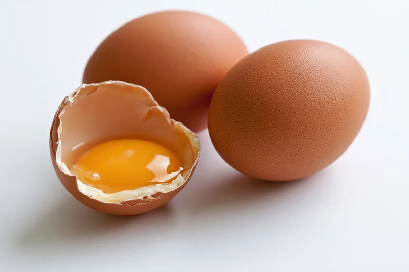 Two whole brown chicken eggs and one cracked half-shell showing yolk and white on white background