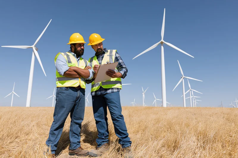 Two engineers in safety gear discussing plans in a wind farm field