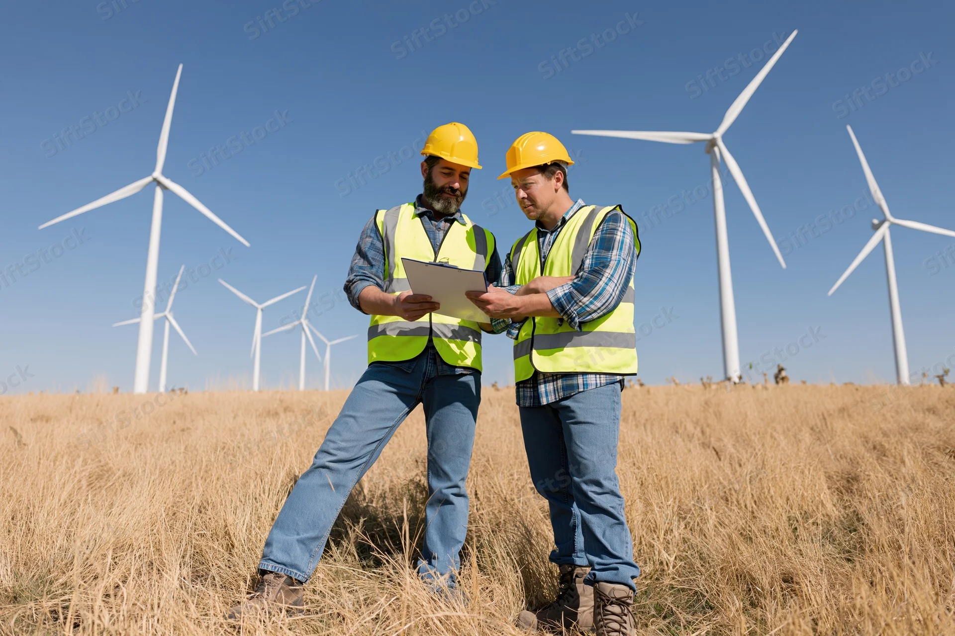 Two wind energy engineers in hard hats inspecting a wind farm