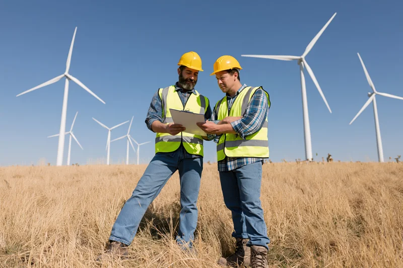 Two wind energy engineers in hard hats inspecting a wind farm