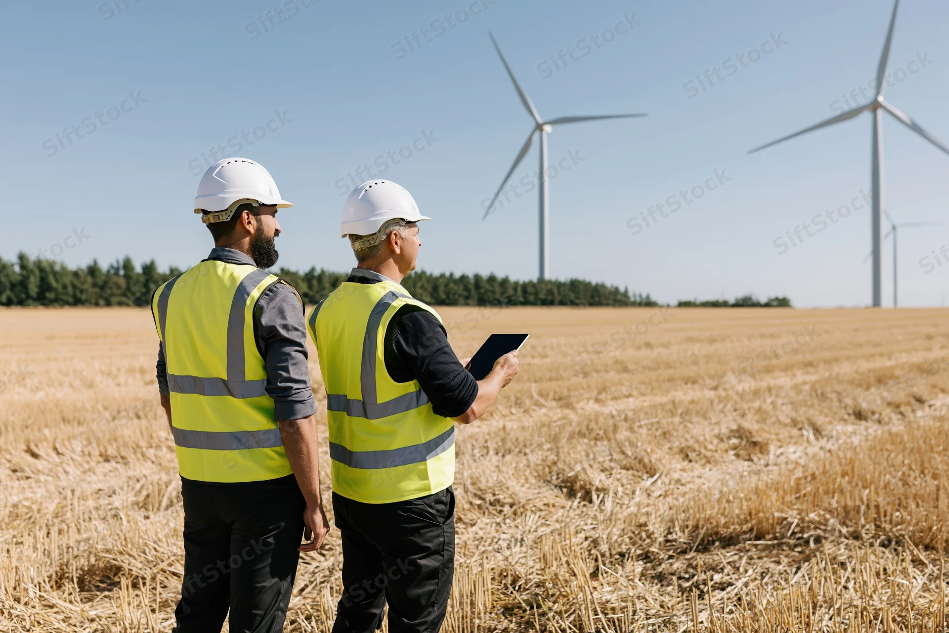 Two engineers in high-visibility vests inspecting wind turbines in a harvested wheat field