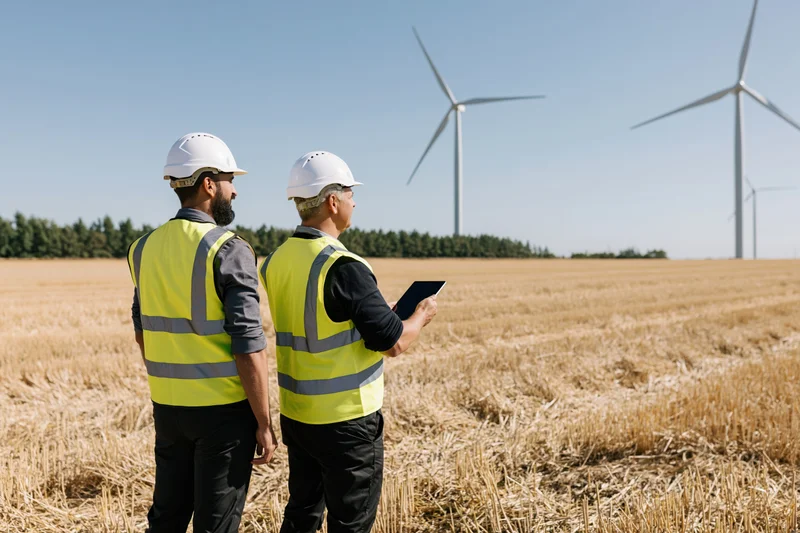 Two engineers in high-visibility vests inspecting wind turbines in a harvested wheat field
