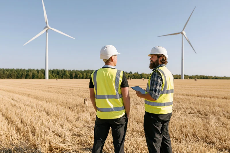 Two engineers in high-visibility vests discussing wind turbines in a harvested wheat field