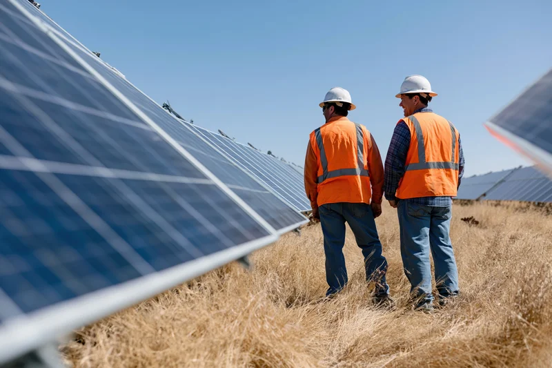 Two men in orange vests and white hard hats inspecting solar panels in a dry grassy field under clear blue sky