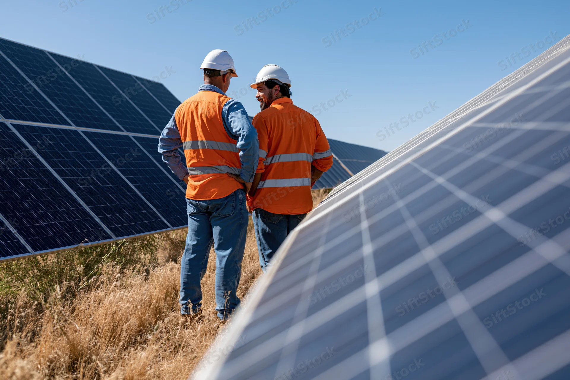 Two men in orange vests and white hardhats discussing solar panels in a field under a clear blue sky