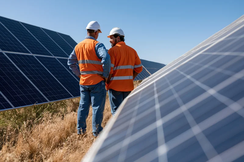 Two men in orange vests and white hardhats discussing solar panels in a field under a clear blue sky