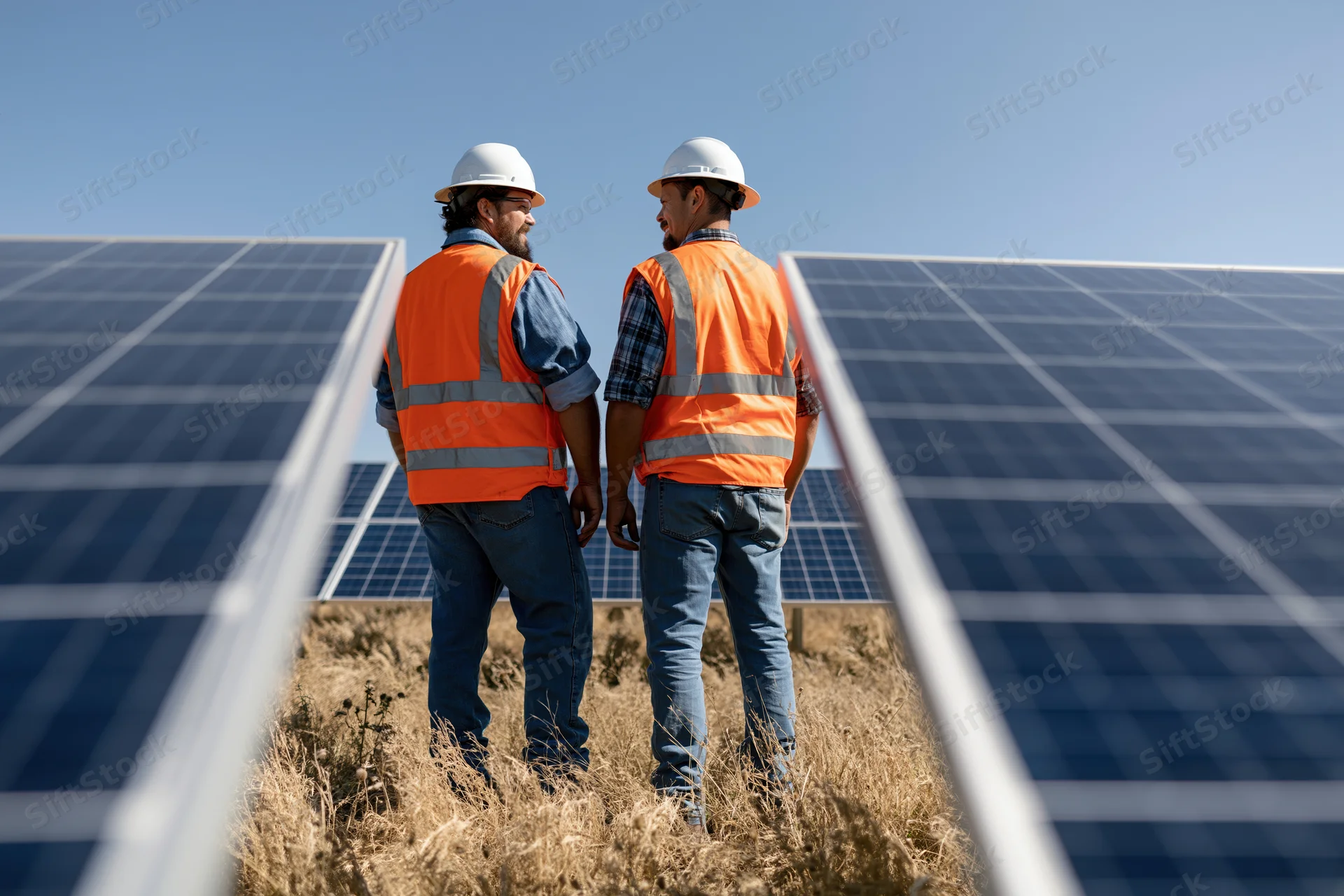 Two workers in orange vests and white hard hats talking in a solar panel field during daytime