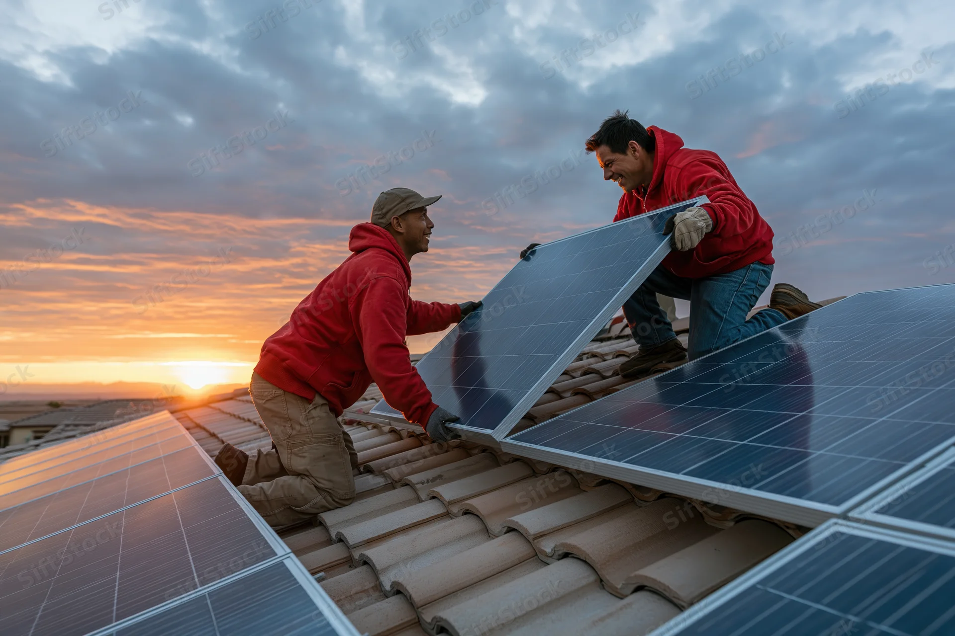 Two men installing solar panels on a tiled roof at sunset